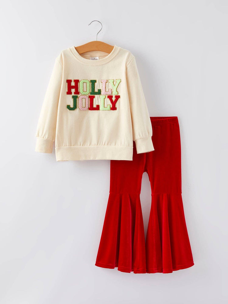 Christmas Letter Applique Top + Flared Pants Outfit Set